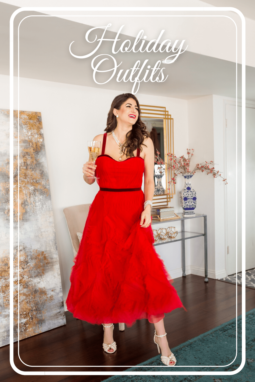 Holiday Outfit Ideas by Fashion Blogger Laura Lily, Red Tulle Marchesa Dress from Saks Off 5th,