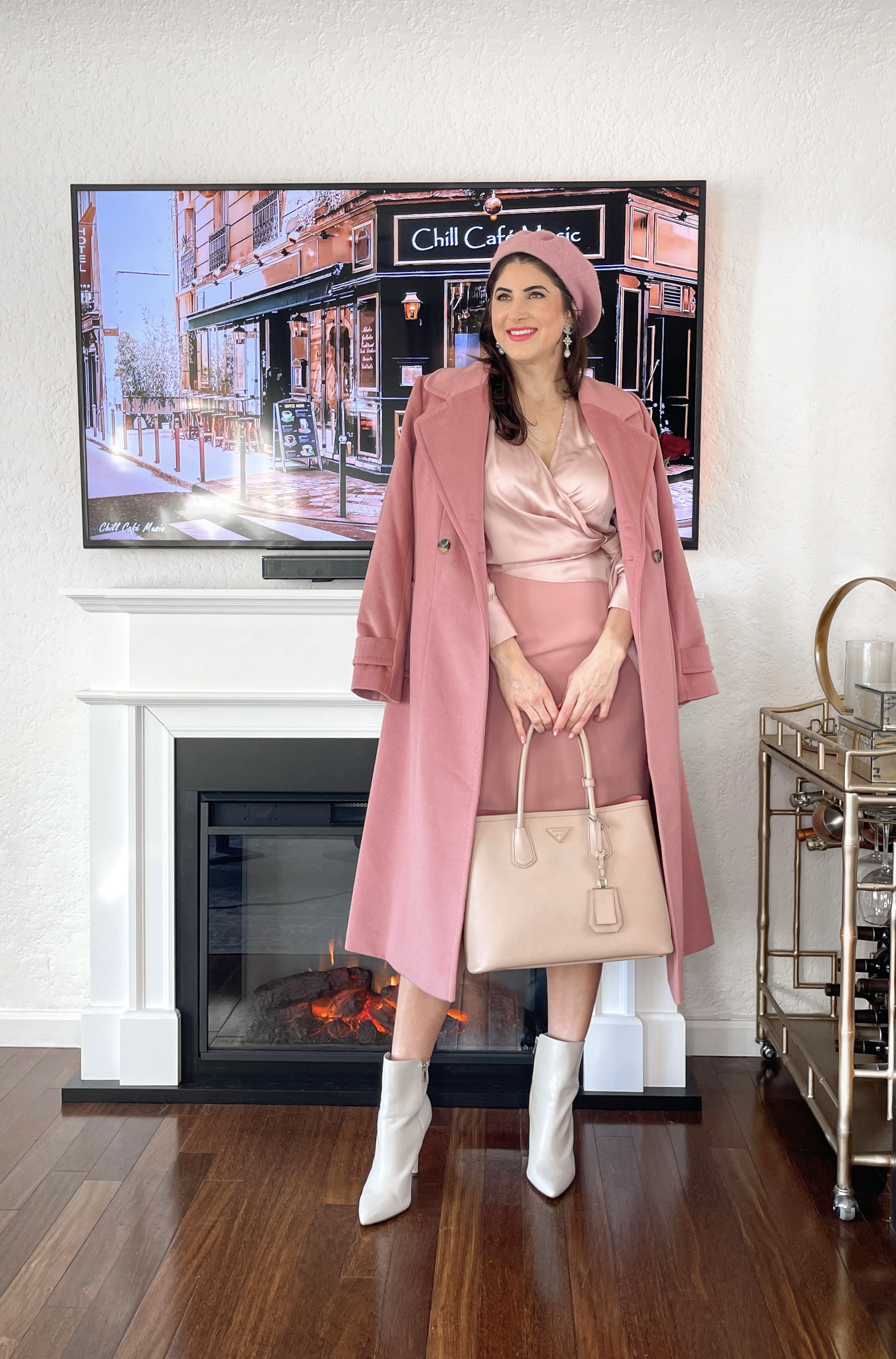 pink monochrome winter outfit idea inspired by Emily in Paris by Fashion Blogger Laura Lily,